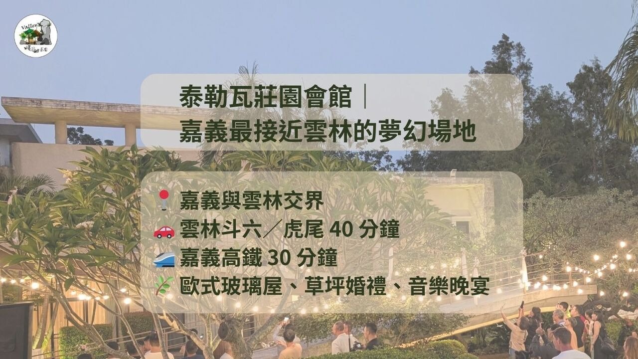 泰勒瓦莊園會館介紹圖卡，顯示嘉義與雲林交界位置與交通時間，說明高鐵與斗六、虎尾開車距離，搭配歐式玻璃屋婚禮場景